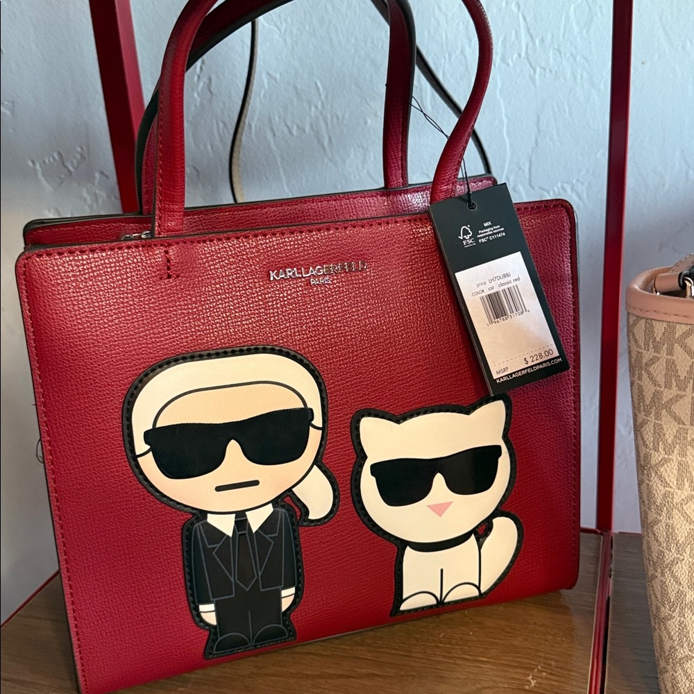 Karl Lagerfeld Red Tote with Iconic Cartoon Figures